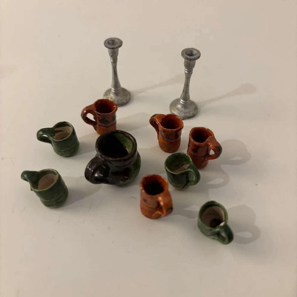 VTG Dollhouse Miniature Glazed Redware Pottery Mugs Pitcher Candlesticks Lot